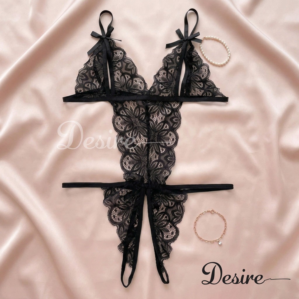 Desire Store, Set đồ lót liền thân ren xẻ đáy và Áo choàng lụa set lót ren gợi cảm sexy VN-8458 image 7 of 22