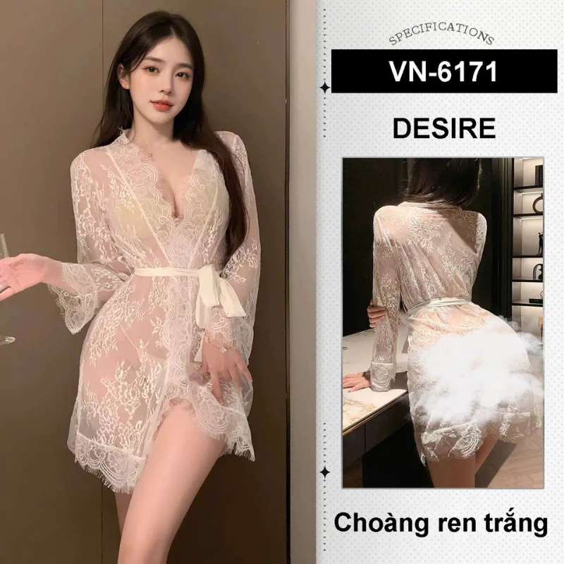 Desire Store, Áo choàng ngủ ren lưới xuyên thấu phong cách sang chảnh DESIRE VN-6171 - Choàng Ren Trắng image 9 of 15