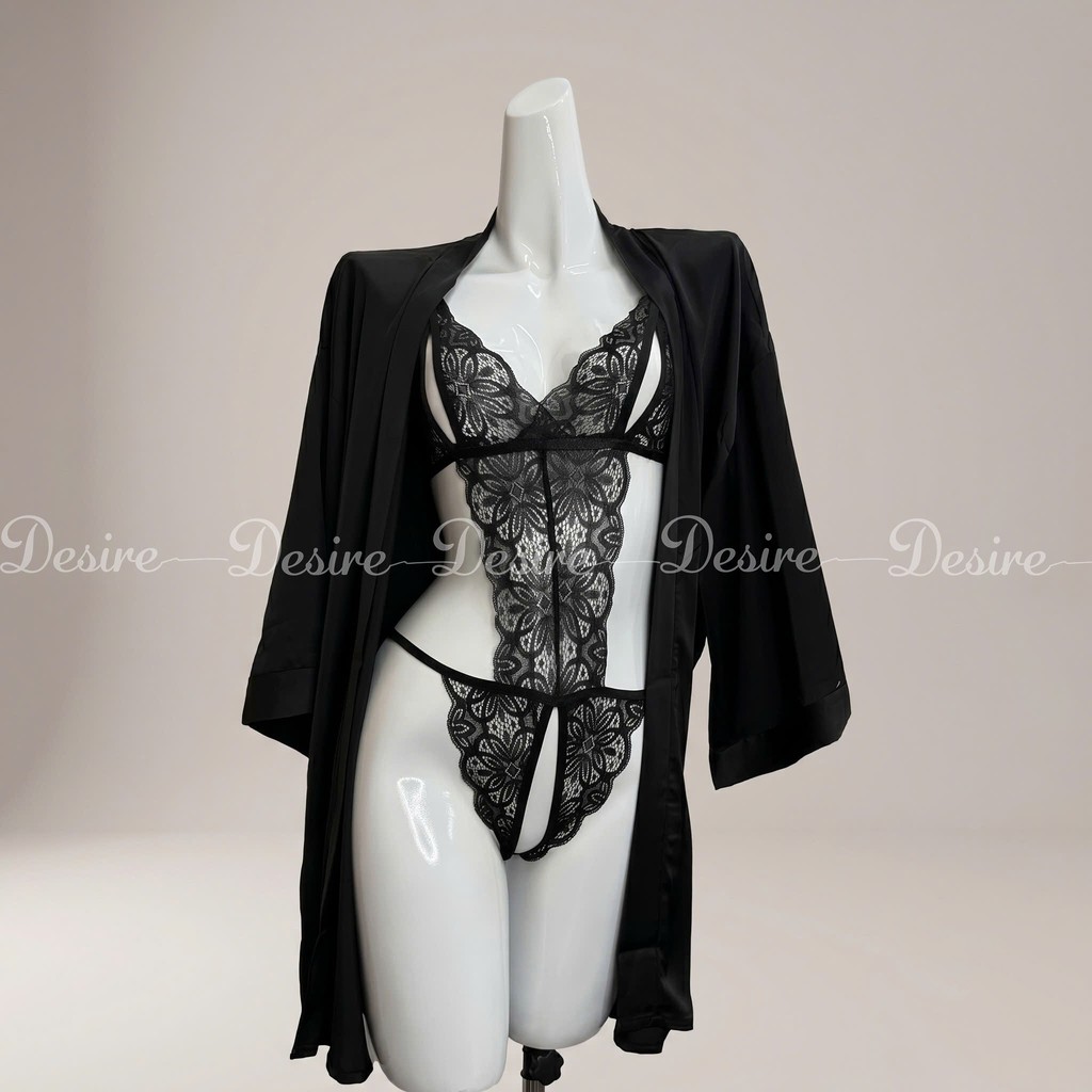Desire Store, Set đồ lót liền thân ren xẻ đáy và Áo choàng lụa set lót ren gợi cảm sexy VN-8458 - Nguyên set đen, M image 19 of 22