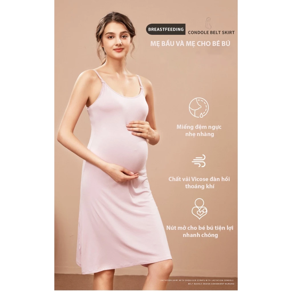 Desire Store, Đầm Bầu Hai Dây Có Sẵn Lót Ngực Và Nút Mở Cho Bé Bú Tiện Lợi DESIRE VN-074 - Hồng nhạt, XL image 11 of 12