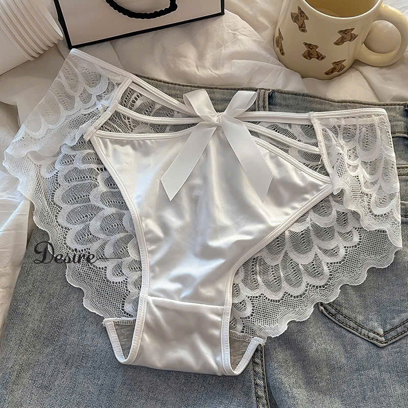 Desire Store, Quần Lót Nữ Lụa Phi Bóng Phối Ren Sườn Cạp Cao Đính Nơ Satin Quyến Rũ image 3 of 9