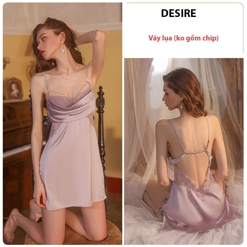 Desire Store, Set Váy ngủ lụa hai dây và Áo choàng cao cấp Đầm ngủ hai dây lụa phối ren gợi cảm sexy VN-2063 - Tím nhạt, L image 11 of 12