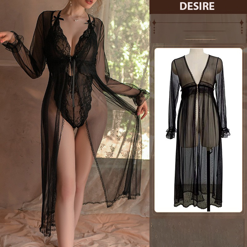 Desire Store, Set Bodysuit và Áo choàng ren xẻ đáy chéo lưng gợi cảm DESIRE VN-8683 - Choàng đen lẻ, M image 17 of 20