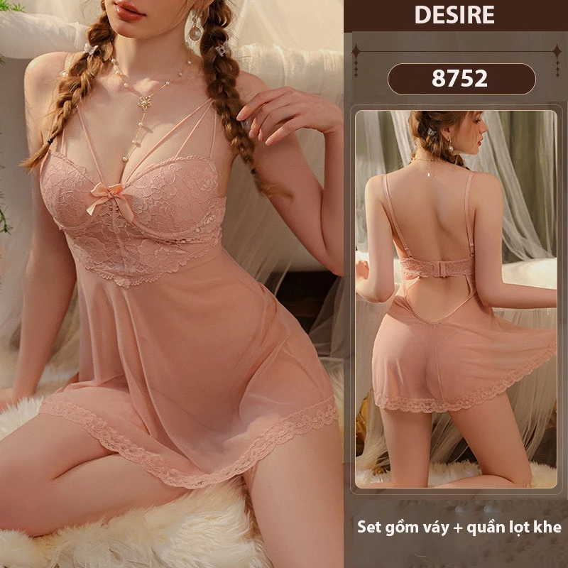 Desire Store, Váy ngủ ren có mút đệm nâng ngực kèm quần chip gợi cảm VN-8752 - Hồng image 9 of 9