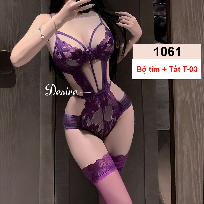 Desire Store, 1061 Bodysuit ren liền thân hoa xuyên thấu ôm dáng cut eo sexy quyến rũ DESIRE - Tím có tất T-03 image 18 of 20
