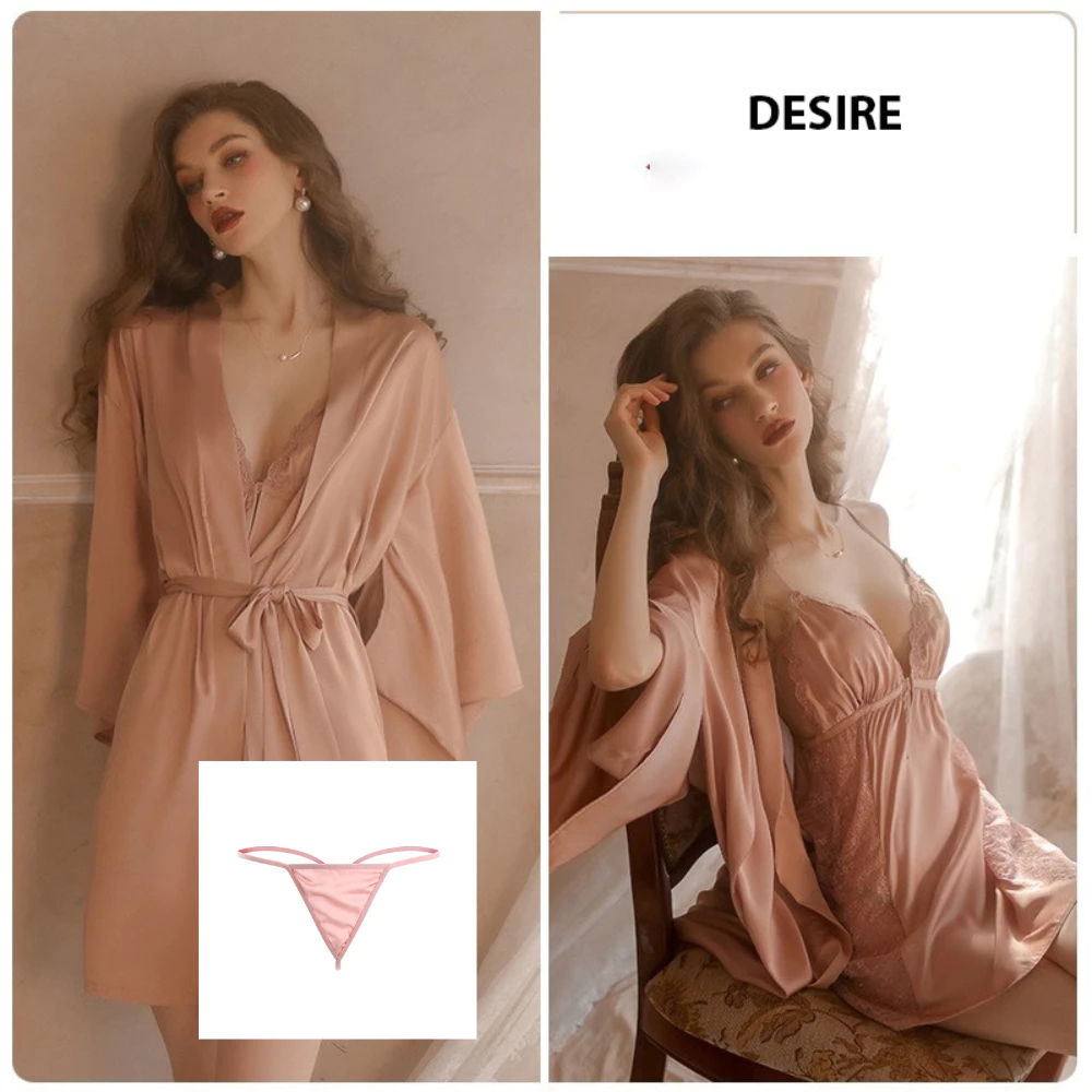 Desire Store, Set Váy ngủ hai dây có mút đệm ngực và áo choàng lụa cao cấp DESIRE VN-1690 - Váy+Choàng+Chip Hồng, XL image 22 of 28