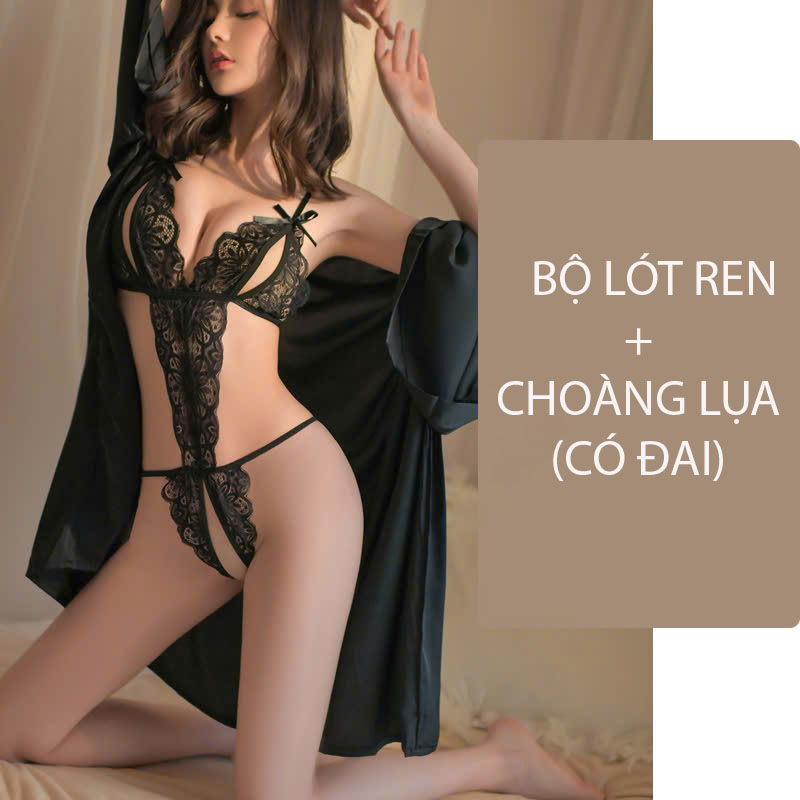 Desire Store, Set đồ lót liền thân ren xẻ đáy và Áo choàng lụa set lót ren gợi cảm sexy VN-8458 - Nguyên set đen, XL image 15 of 16