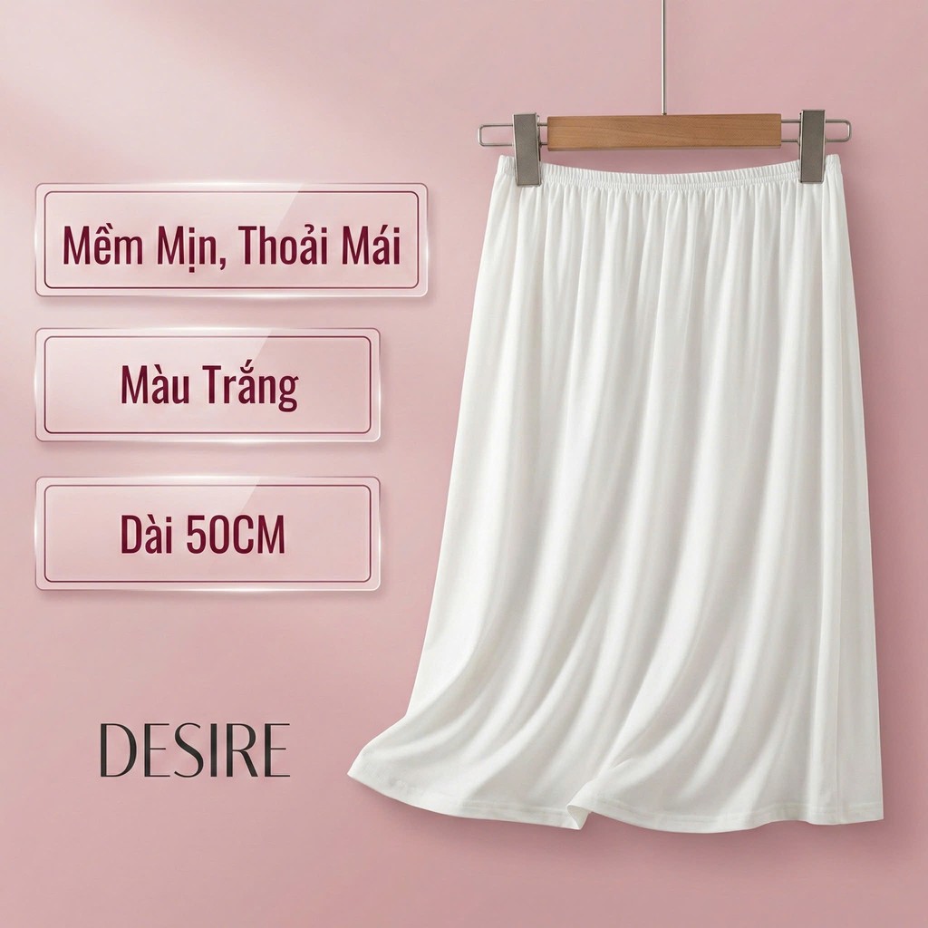 Desire Store, Chân Váy lót thun modal  (gỗ sồi) dáng xòe rộng thoải mái - Chân váy mặc lót thun mịn mát Desire VN-064 - Trắng 50cm trơn, M: 40~52kg image 13 of 40