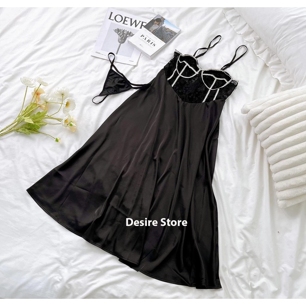 Desire Store, Váy ngủ hai dây lụa cao cấp cup ngực ngang dáng dài kèm chip lọt khe VN-1257 image 6 of 11