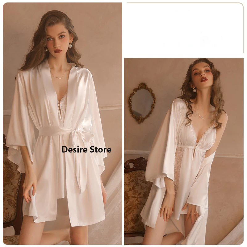 Desire Store, Set Váy ngủ hai dây có mút đệm ngực và áo choàng lụa cao cấp DESIRE VN-1690 - Áo choàng +váy trắng, XL image 15 of 28