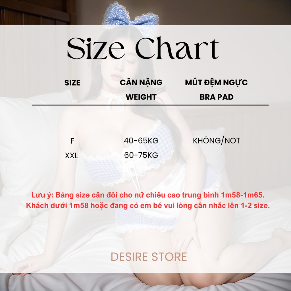 Desire Store, Bộ đồ ngủ hoá trang Cosplay hầu gái ba mảnh caro xanh cup ngực áo quây DESIRE VN-8114 image 9 of 16