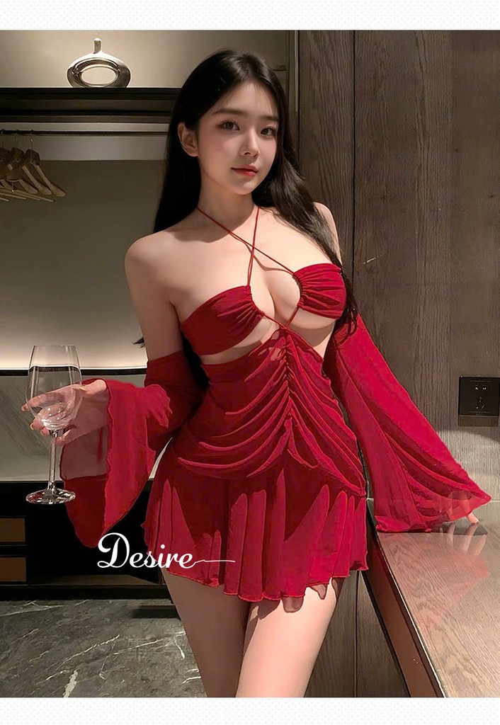Desire Store, Set Váy ngủ cổ yếm tay áo rời dáng xoè Phong cách gợi cảm sang trọng DESIRE ZY78 image 6 of 11