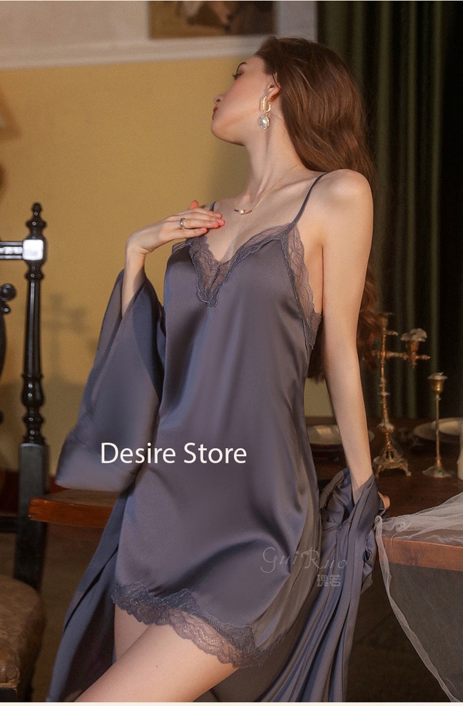 Desire Store, Váy ngủ lụa Đầm ngủ hai dây lụa kèm chip phối ren gợi cảm sexy VN-169 image 6 of 20
