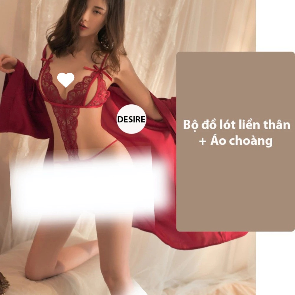 Desire Store, Set đồ lót liền thân ren xẻ đáy và Áo choàng lụa set lót ren gợi cảm sexy VN-8458 - Full set Đỏ, M (40-54kg) image 18 of 22