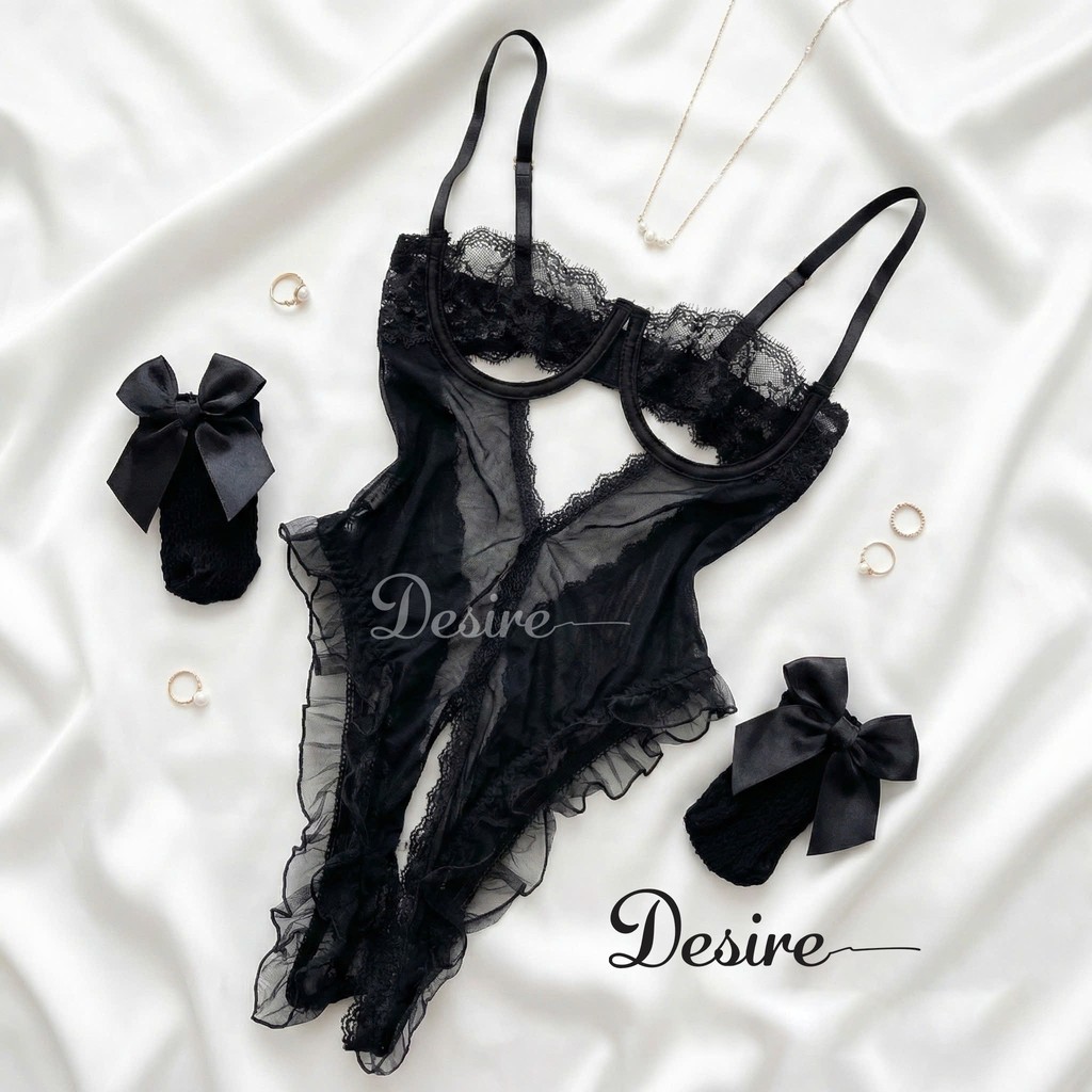 Desire Store, Bodysuit Ren Sexy Có Gọng Phối Lưới Xuyên Thấu - Váy ngủ liền thân quyến rũ DESIRE VN-8914-1 - Váy  Đen + Tất T-012, L (53-62kg) image 13 of 18