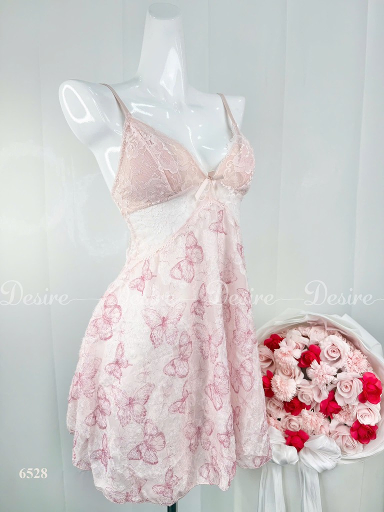 Desire Store, Váy Ngủ Hai Dây Phối Ren Cúp Ngực Họa Tiết Bươm Bướm Hồng Ngọt Ngào DESIRE-6528 (Pink Butterfly Print Lace Trim Babydoll Nightgown - Desire 6528) image 3 of 7