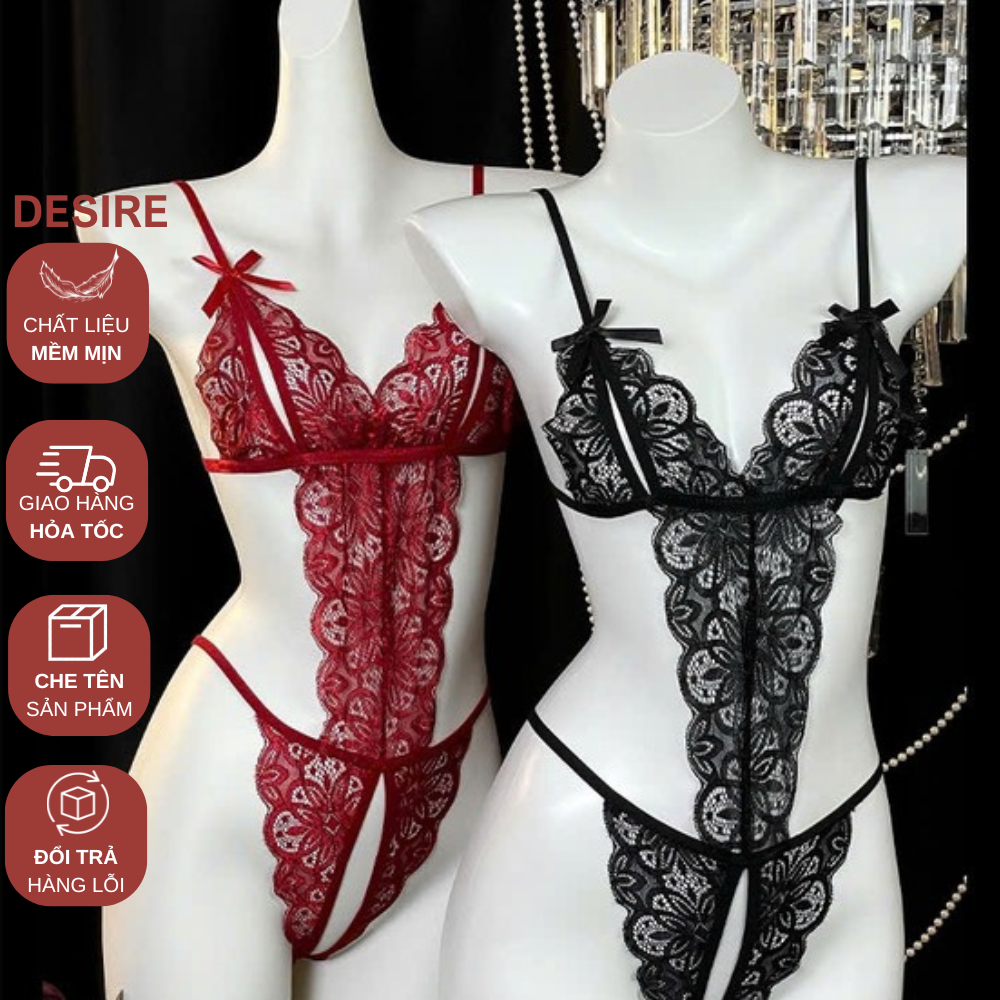 Desire Store, Set đồ lót liền thân ren xẻ đáy và Áo choàng lụa set lót ren gợi cảm sexy VN-8458-1 image 10 of 22