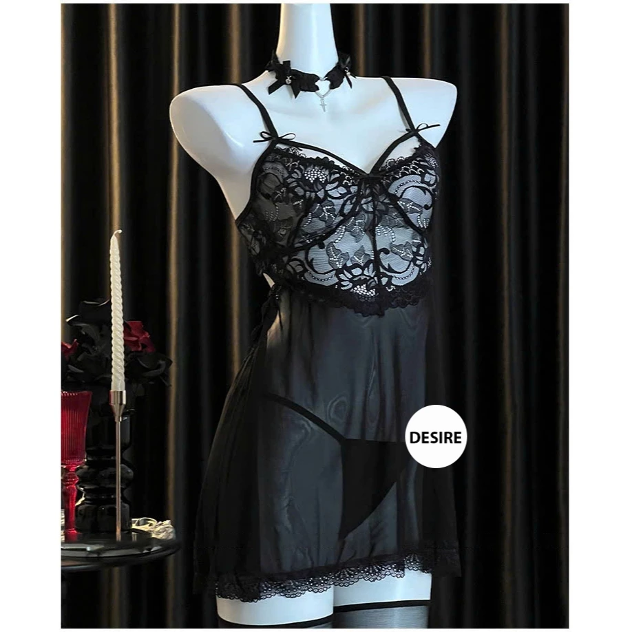 Desire Store, Váy ngủ ren xuyên thấu cut out lưng sexy kèm quần chip ren VN-8449 - Váy đen + chip, M (40-53kg) image 9 of 17