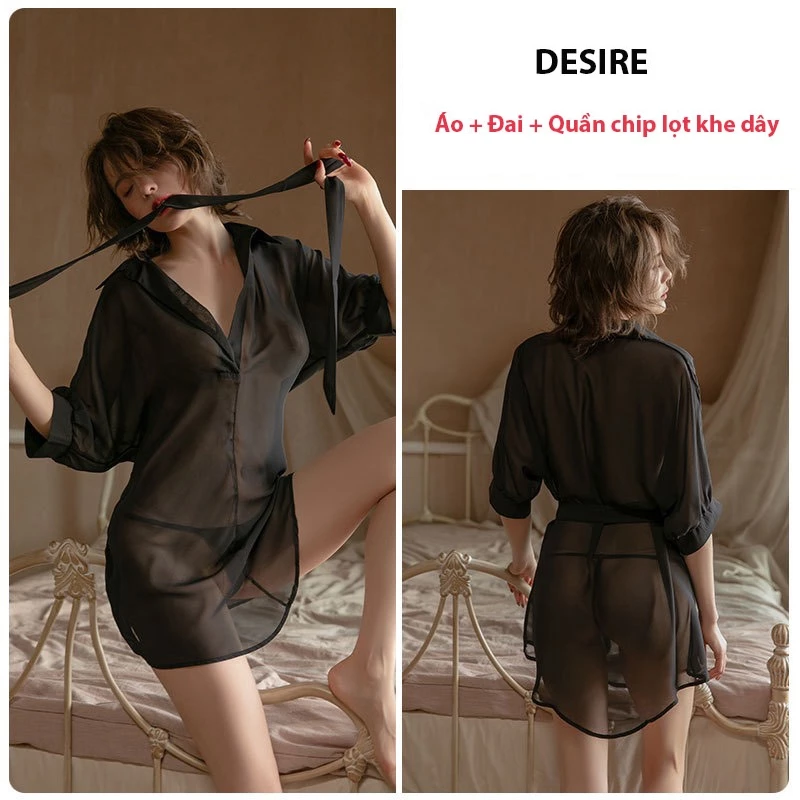 Desire Store, Áo sơ mi ngủ voan lụa tay lửng cao cấp mềm mịn kèm chip lọt khe VN-243 - Voan Đen (Có chip), L (54-68kg) image 7 of 12
