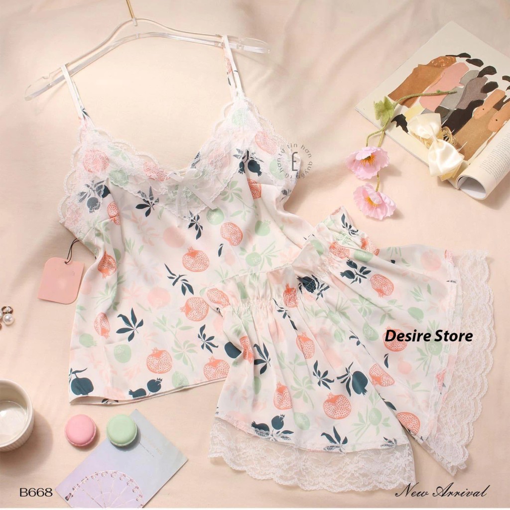 Desire Store, Đồ bộ lụa satin hai dây hoạ tiết hoa mát mịn mùa hè DBN-0026 - Quả lựu, XL 58-65kg image 11 of 16