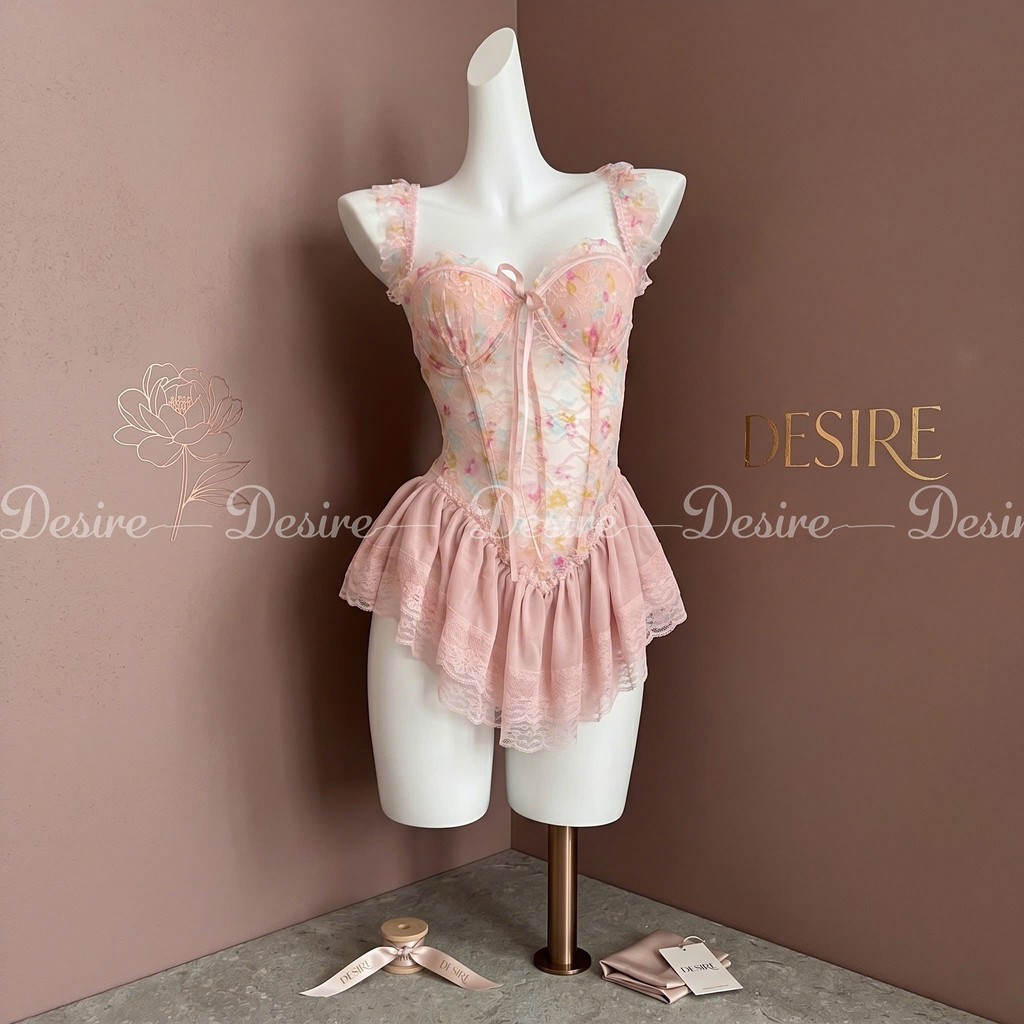 Desire Store, Váy ngủ tiểu thư - Đầm ngủ hoa nhí hai dây corset cúp ngưc kèm chip và đai sexy, gợi cảm DESIRE 1208 image 6 of 14