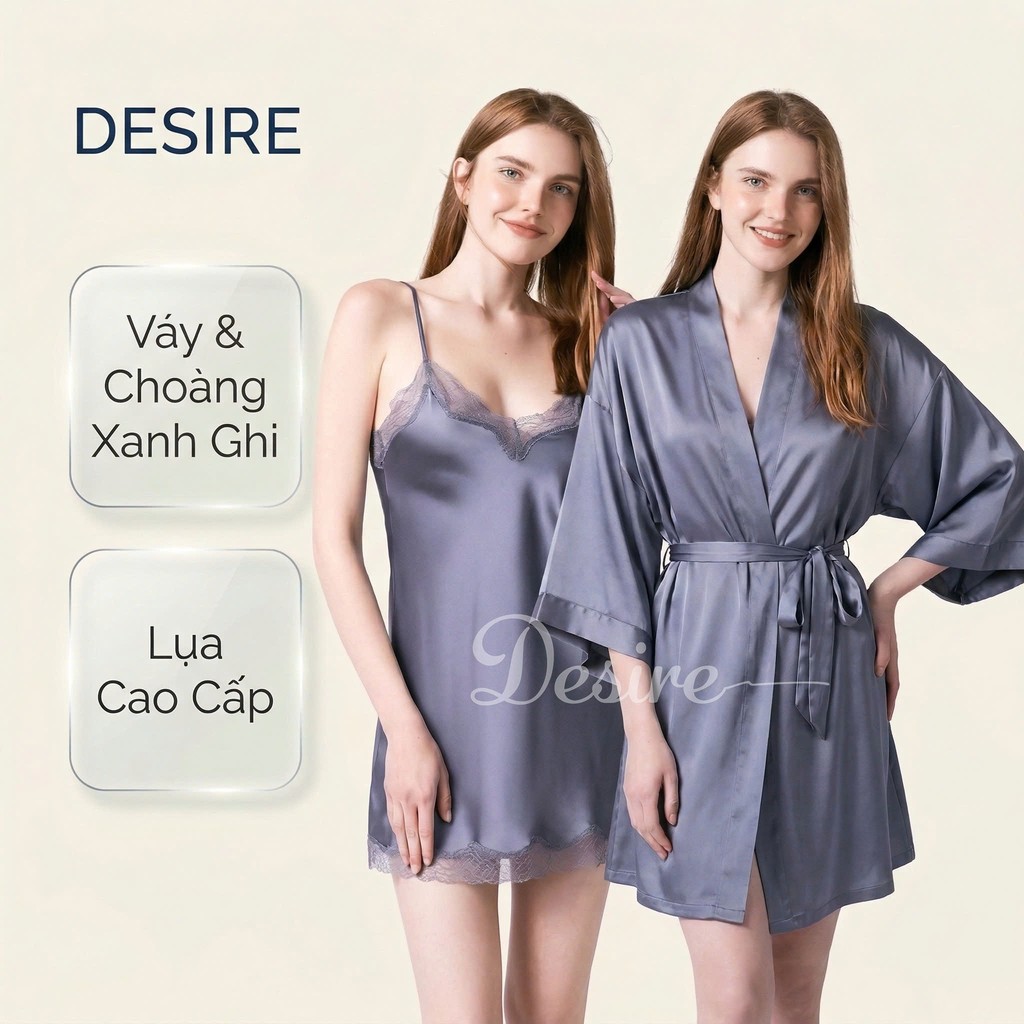 Desire Store, Váy ngủ lụa Đầm ngủ hai dây lụa kèm chip phối ren gợi cảm sexy VN-169-1 - Váy + choàng xanh, M image 31 of 32