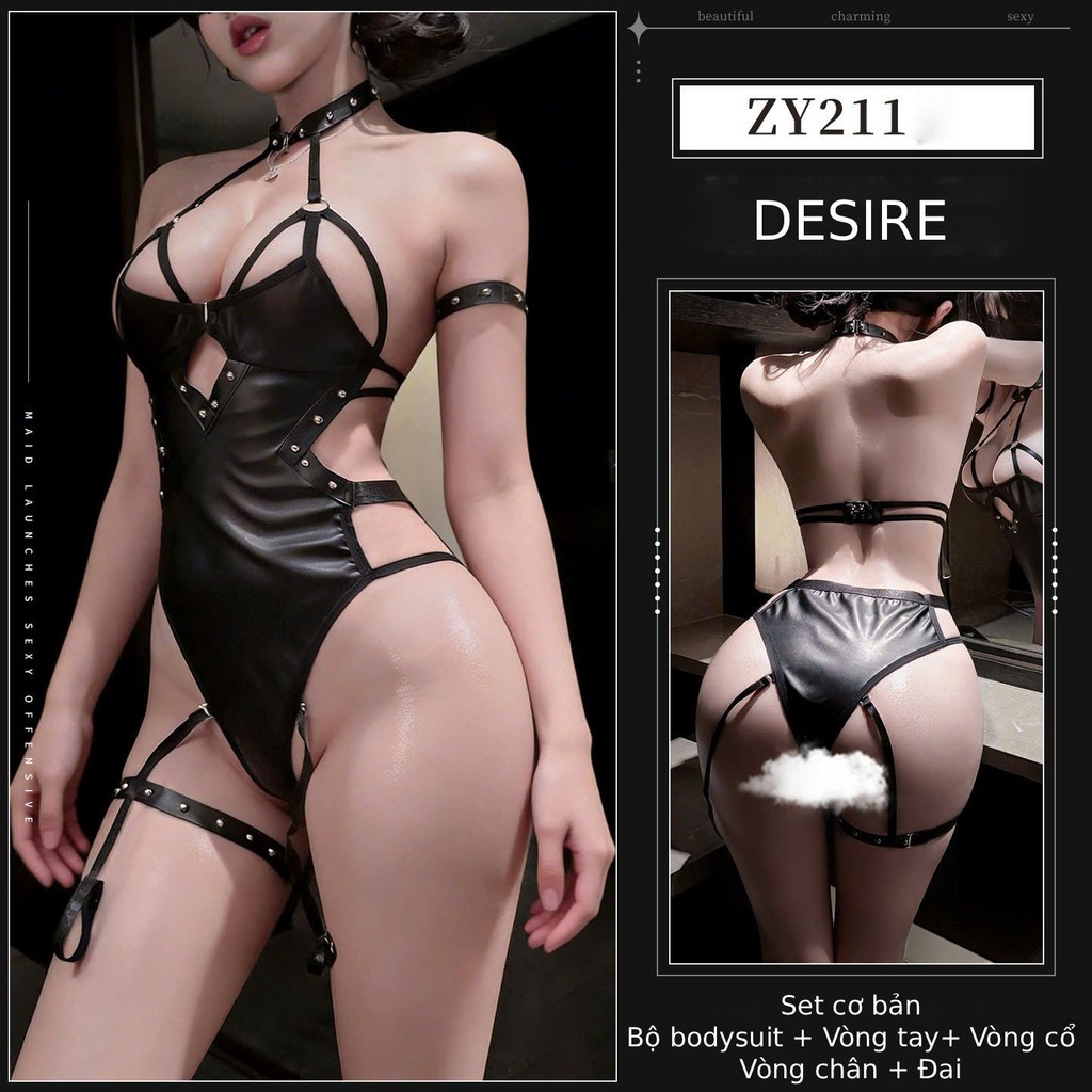 Desire Store, Bộ Bodysuit liền thân chất liệu Da cao cấp loại 1 sexy quyến rũ đầy đủ phụ kiện DESIRE ZY211 (Sexy Leather Bodysuit (Full Set with Accessories) DESIRE ZY211) - Set cơ bản image 7 of 9
