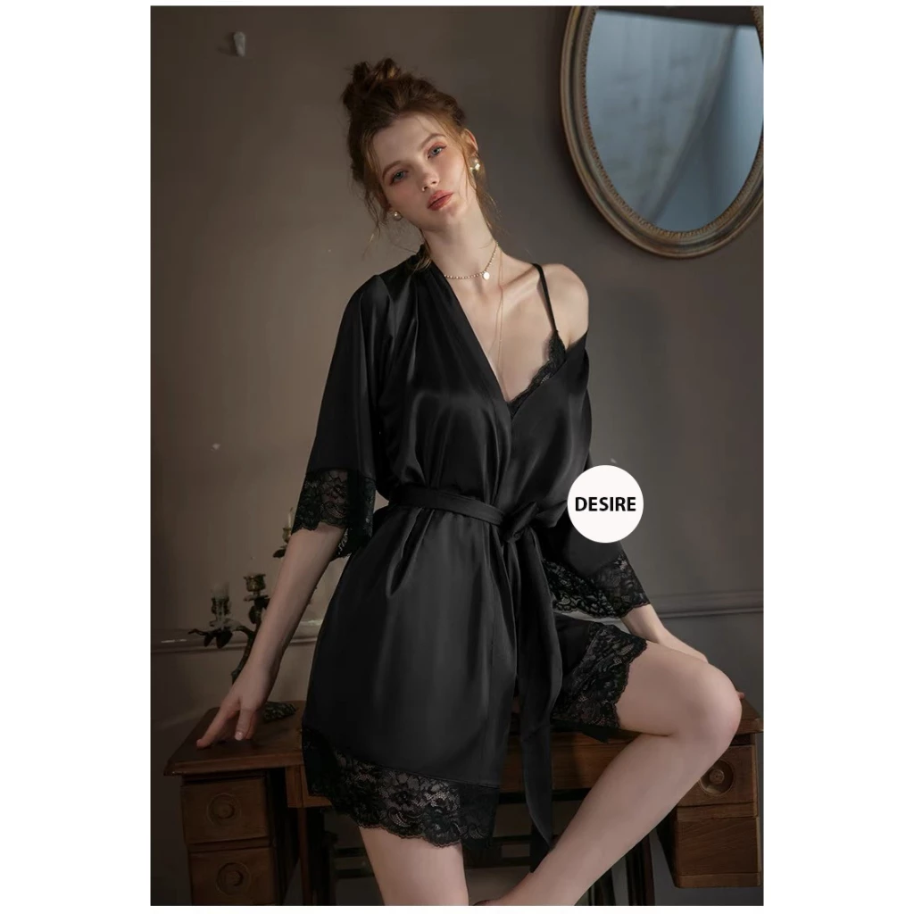 Desire Store, Set Váy và áo choàng ngủ lụa Satin cao cấp mềm mại VN-245 - Set đủ 3 món Đen, L image 8 of 10
