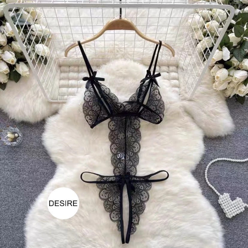 Desire Store, Set đồ lót liền thân ren xẻ đáy và Áo choàng lụa set lót ren gợi cảm sexy VN-8458-1 - Bộ lót ren đen, L image 14 of 22