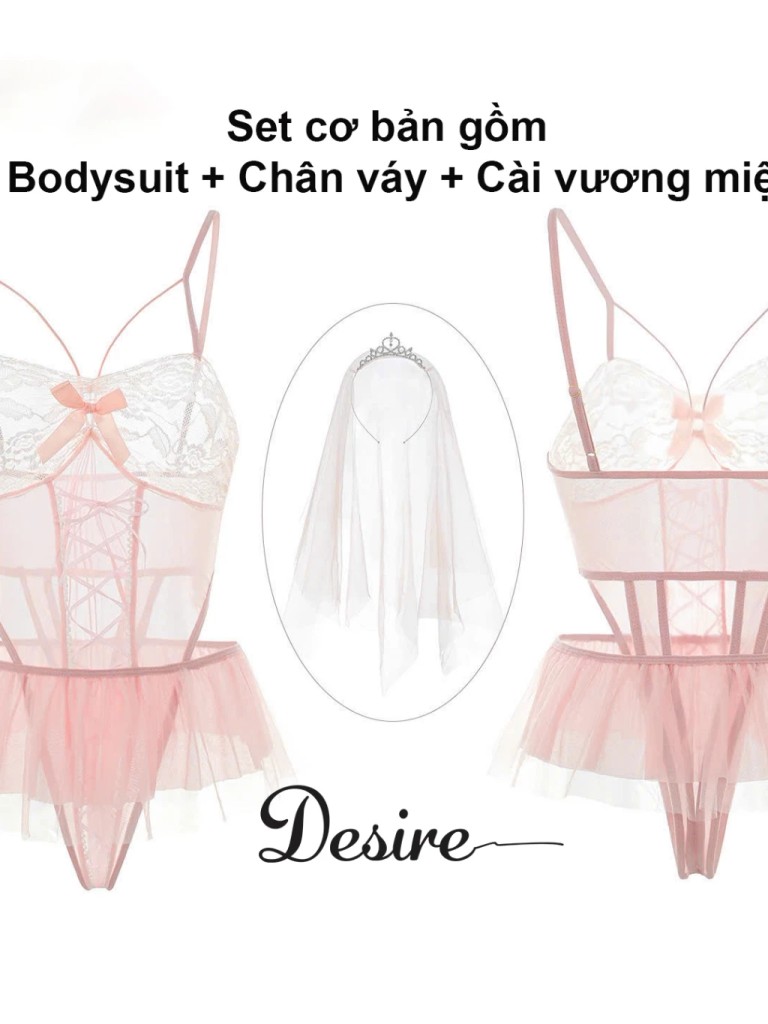 Desire Store, Váy Ngủ Cosplay Cô Dâu Sexy - Bodysuit Ren Khoét Eo Kèm Khăn Voan Vương Miện Cao Cấp DESIRE VN-6606-1 image 7 of 11