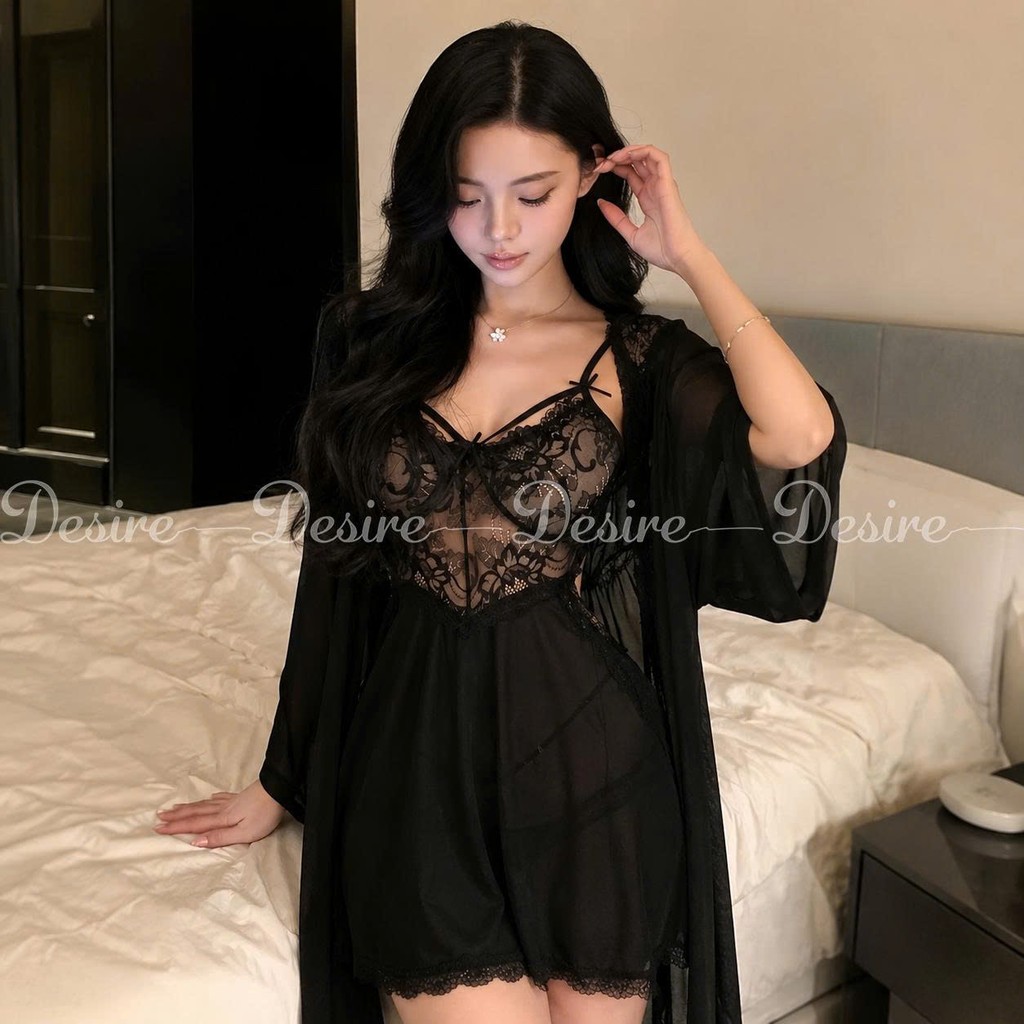 Desire Store, Váy ngủ ren xuyên thấu cut out lưng sexy kèm quần chip ren VN-8449 - Set choàng + váy đen, L (54-65kg) image 15 of 16