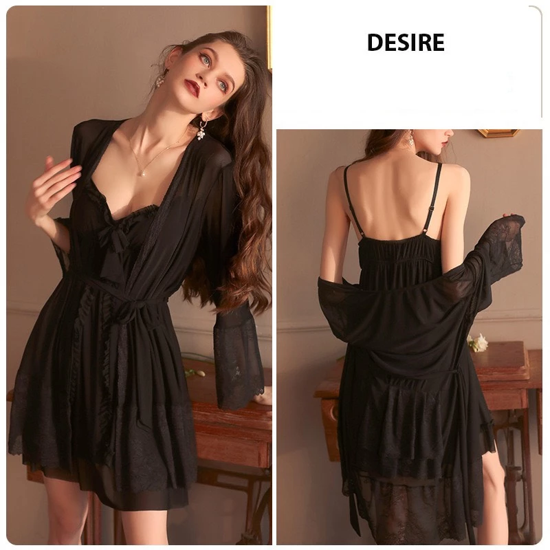 Desire Store, Set váy ngủ nữ ren lưới nhiều lớp cao cấp phong cách tiểu thư sang trọng gợi cảm sexy Desire VN-1256 - Set đen, L image 10 of 13