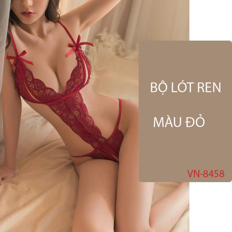 Desire Store, Set đồ lót liền thân ren xẻ đáy và Áo choàng lụa set lót ren gợi cảm sexy VN-8458 - Bộ lót ren đỏ, XL image 11 of 16