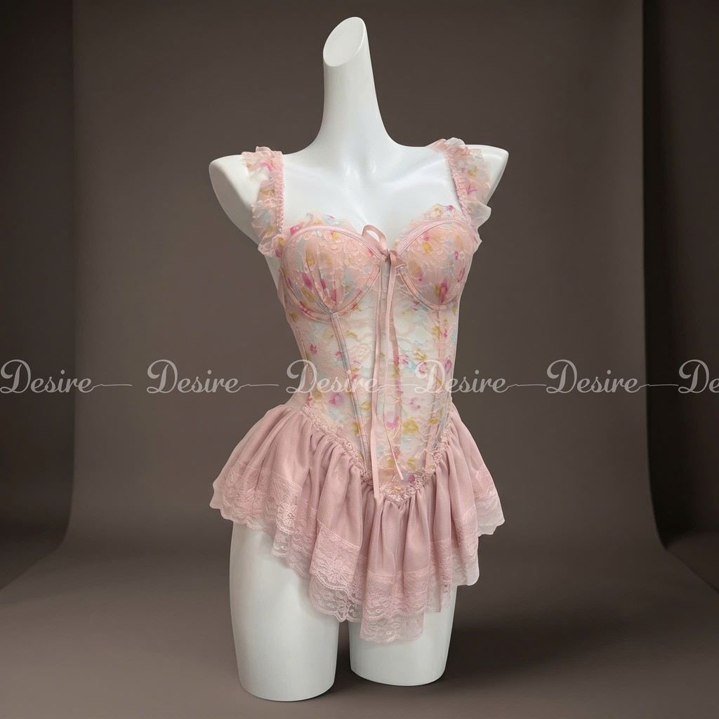 Desire Store, Váy ngủ tiểu thư - Đầm ngủ hoa nhí hai dây corset cúp ngưc kèm chip và đai sexy, gợi cảm DESIRE 1208 - Hồng đậm (ko tất), M (40-53Kg) image 13 of 16