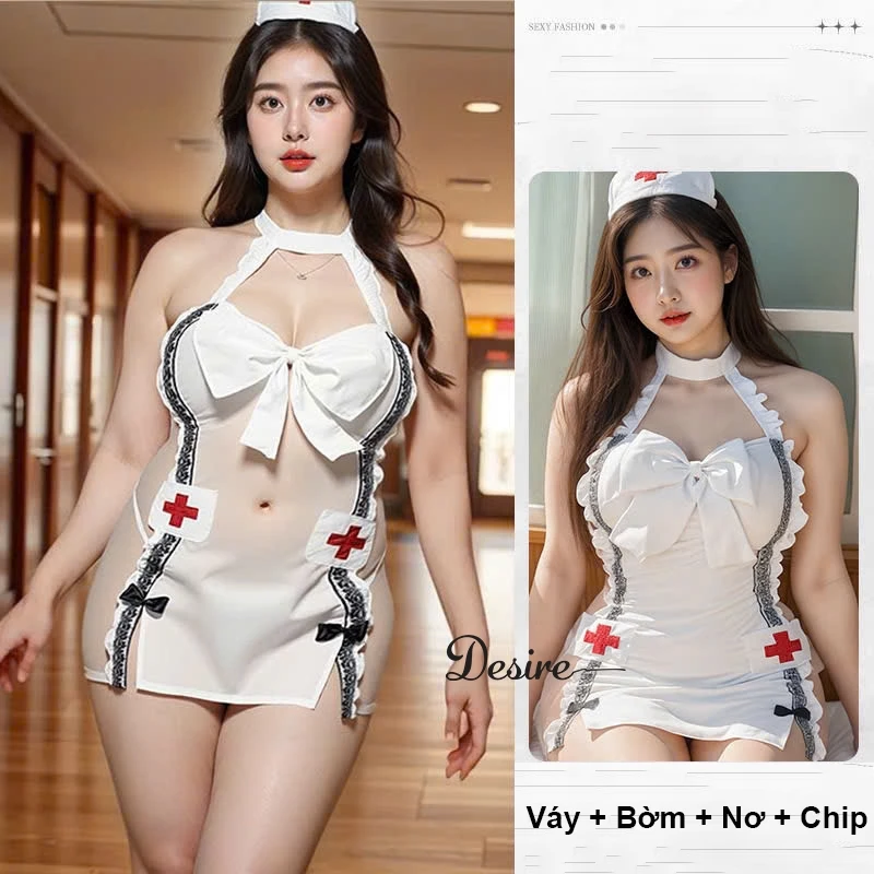 Desire Store, Bộ đồ ngủ Cosplay y tá Bigsize chất mềm mịn sexy gợi cảm DESIRE VN-2501 - Trắng, XXL (60-75kg) image 7 of 9
