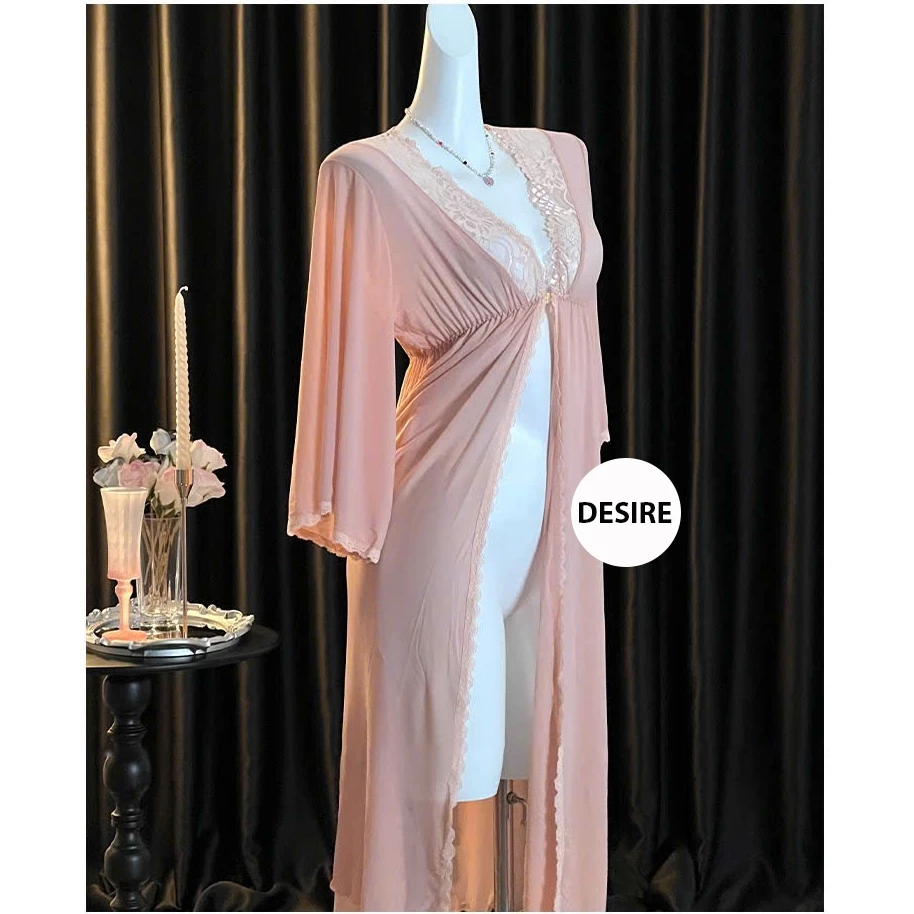 Desire Store, Váy ngủ ren xuyên thấu cut out lưng sexy kèm quần chip ren VN-8449 - Áo choàng hồng lẻ, L (54-65kg) image 15 of 17