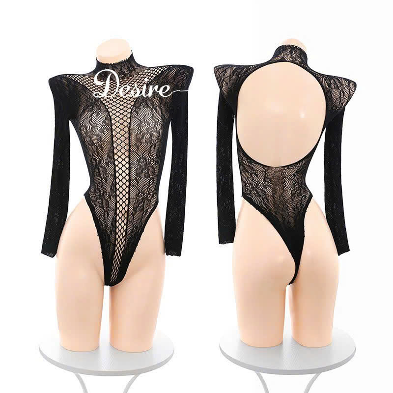 Desire Store, Bodysuit Ren Lưới Hoa Tay Dài Cổ Cao - Đồ ngủ xuyên thấu  DESIRE 7573 (DESIRE 7573 High-Neck Long-Sleeve Floral Lace & Mesh Bodysuit – Sheer Lingerie) image 5 of 24
