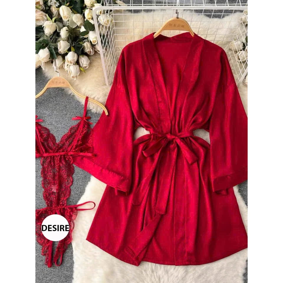 Desire Store, Set đồ lót liền thân ren xẻ đáy và Áo choàng lụa set lót ren gợi cảm sexy VN-8458-1 - Nguyên set đỏ, L image 18 of 22