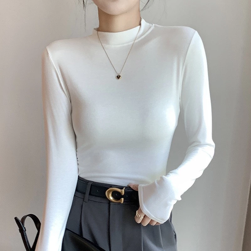 Desire Store, Áo thun dài tay cổ lọ cổ cao lửng chất thun len mềm mại ấm áp mùa thu đông H535 - Trắng, XL image 12 of 13