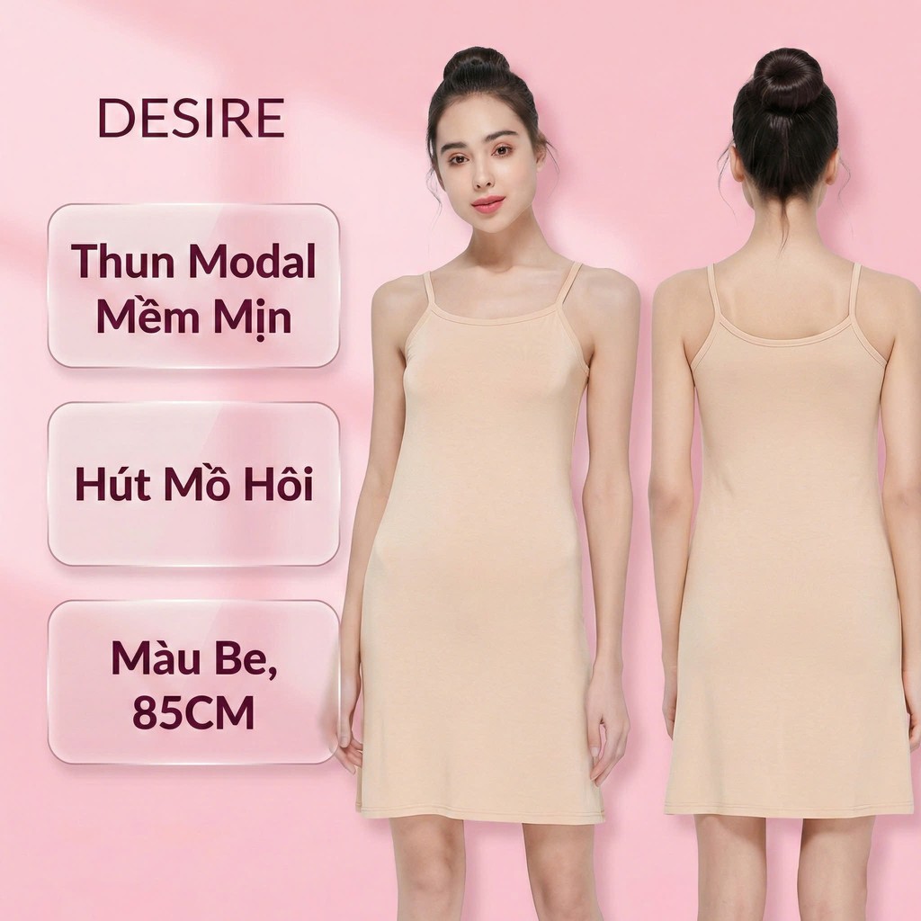 Desire Store, Đầm hai dây - Váy hai dây mặc lót thun modal (Gỗ sồi) dáng suông cổ thuyền Desire VNN-0044N - Be ngắn 85cm, M image 15 of 22