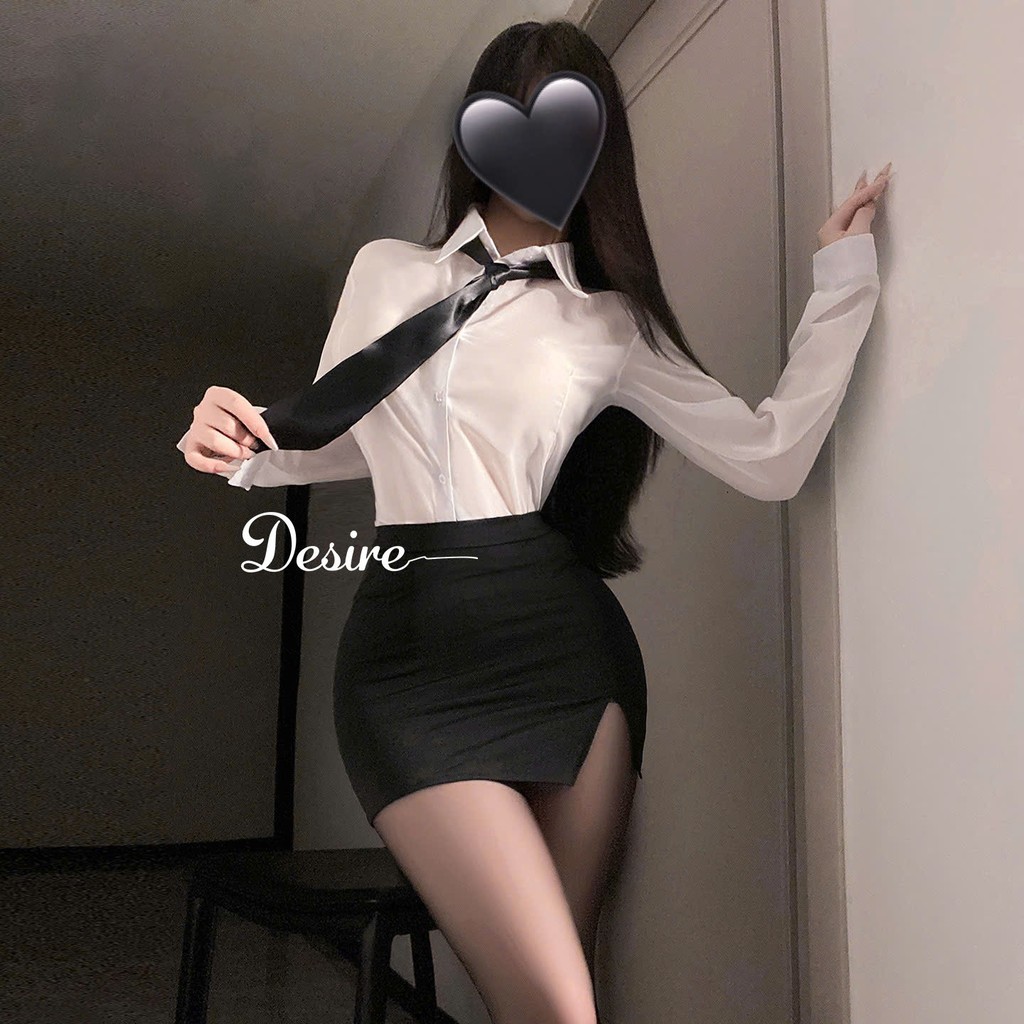 Desire Store, Set Cosplay Cô Thư Ký Gợi Cảm- Sơ Mi Trắng Xuyên Thấu Phối Chân Váy Ngắn Body Kèm Cà Vạt DESIRE VN-416 image 2 of 11
