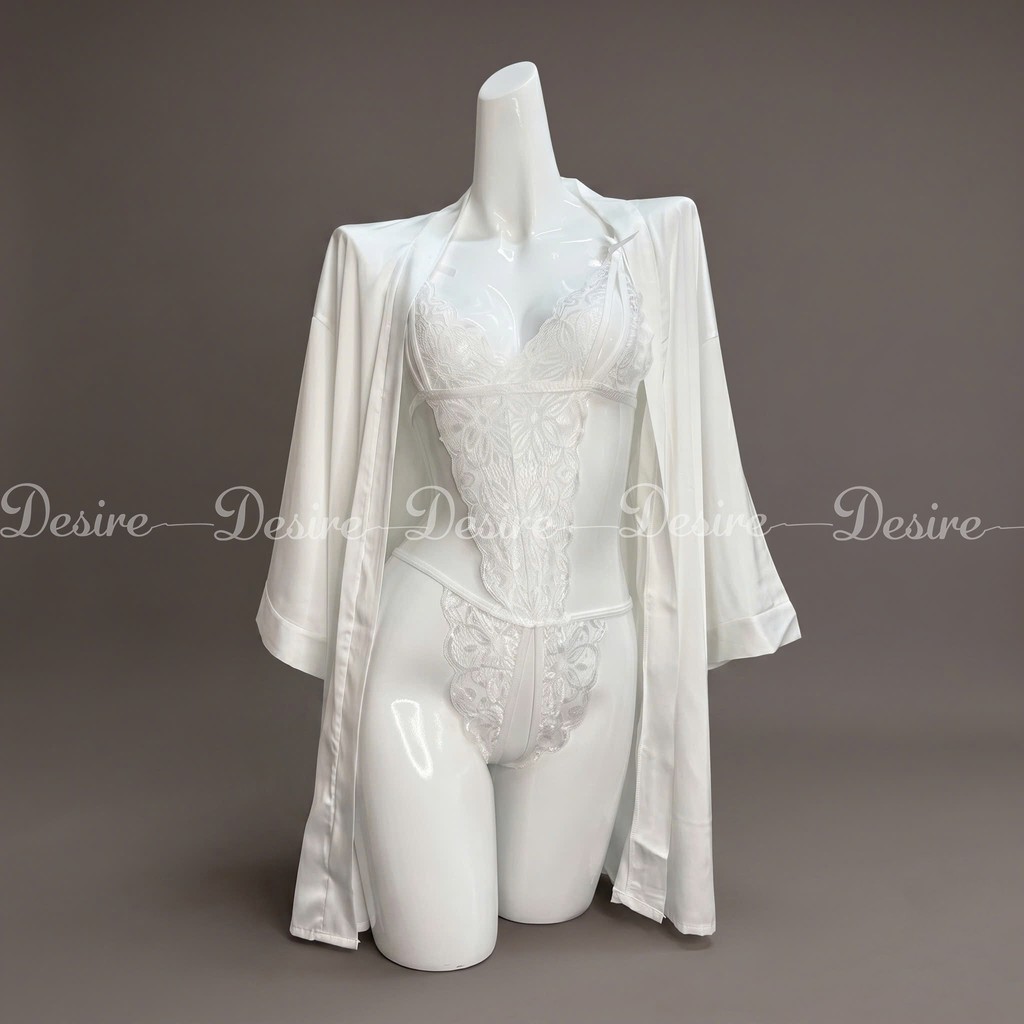 Desire Store, Set đồ lót liền thân ren xẻ đáy và Áo choàng lụa set lót ren gợi cảm sexy VN-8458 - Nguyên set trắng, M image 21 of 22