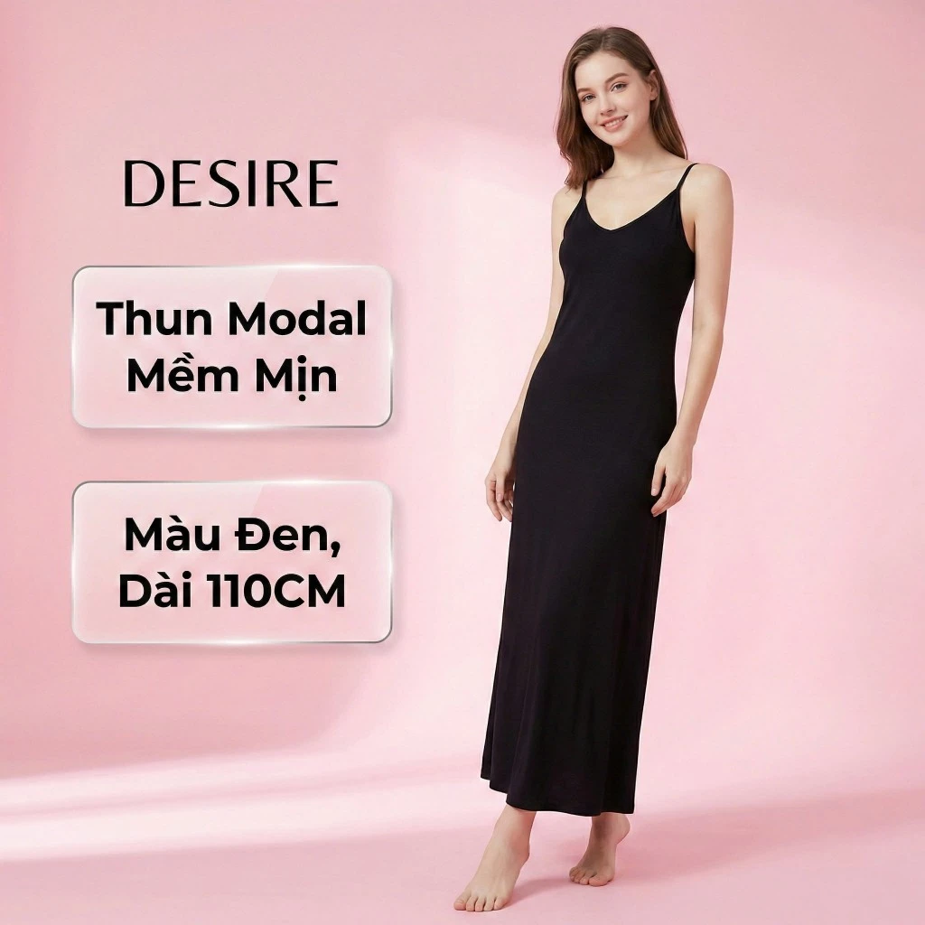 Desire Store, Váy ngủ mặc lót Nữ cổ V chất thun Modal Gỗ sồi cao cấp - Váy hai dây mặc trong mềm mịn dáng ôm DESIRE BTM-1009 - Đen dài 110cm, XL (56~62kg) image 20 of 21