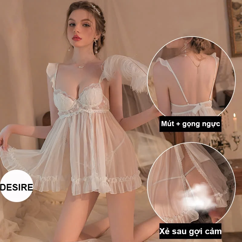Desire Store, Váy ngủ ren cao cấp có gọng và mút ngực chất mềm mịn kèm chip DESIRE VN-1949 - Trắng image 9 of 10