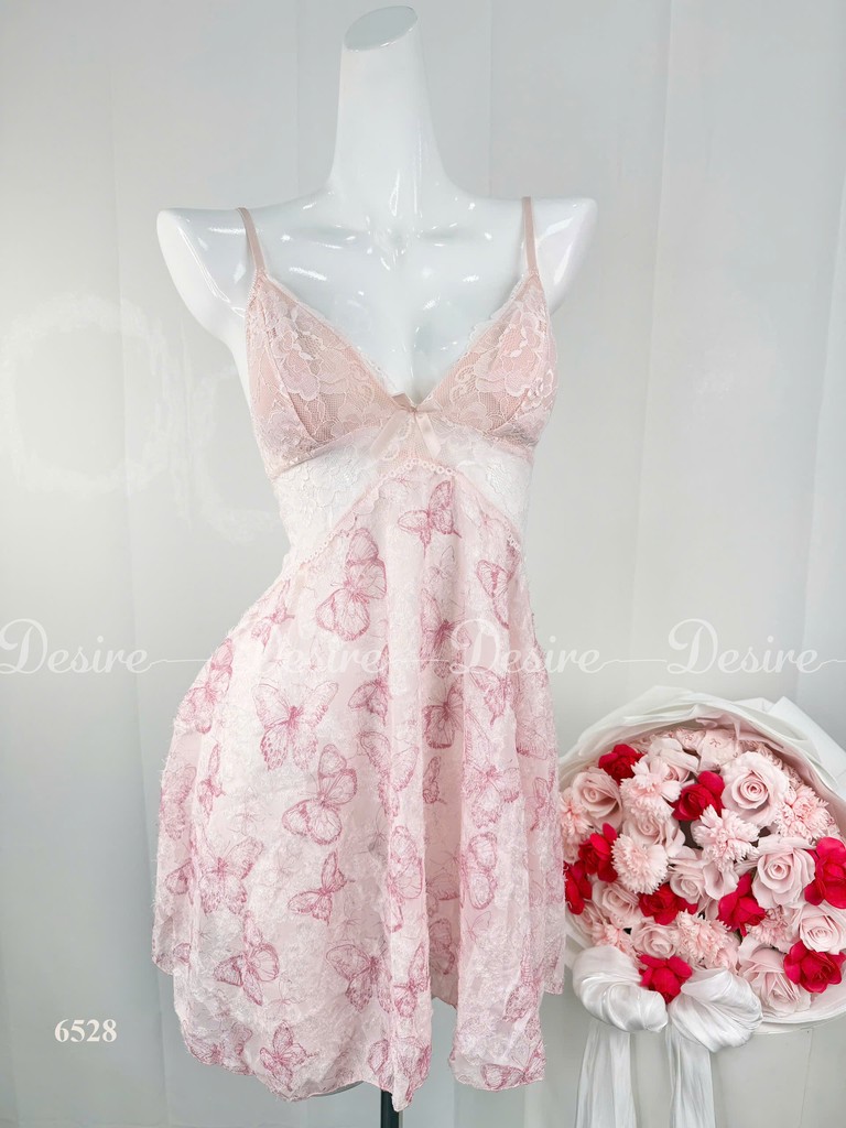 Desire Store, Váy Ngủ Hai Dây Phối Ren Cúp Ngực Họa Tiết Bươm Bướm Hồng Ngọt Ngào DESIRE-6528 (Pink Butterfly Print Lace Trim Babydoll Nightgown - Desire 6528) - Áo choàng 6285+váy hồng image 7 of 7