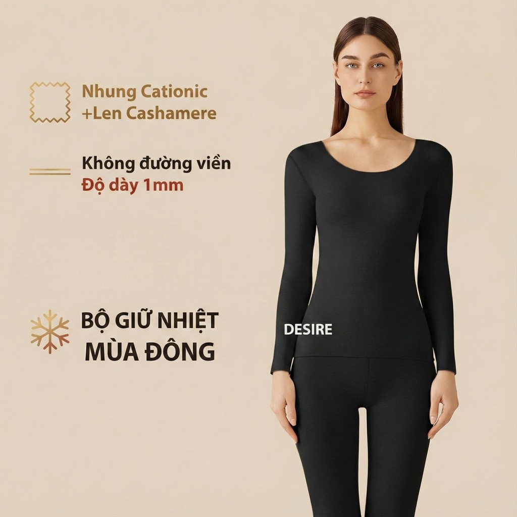 Desire Store, Đồ bộ giữ nhiệt nữ giới mùa đông siêu nhẹ ấm áp vải Nhung lót Len Cashmere không đường viền AGN-002 image 8 of 23