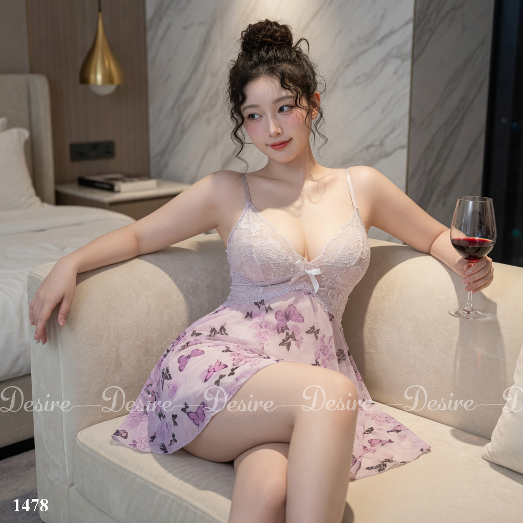 Desire Store, Váy ngủ hai dây lưới phối ren hoạ tiết cánh bướm nữ tính gợi cảm kèm quần lót DESIRE 1478 (Women's romantic mesh and lace camisole nightdress with butterfly motifs, including matching panties DESIRE 1478) image 8 of 16