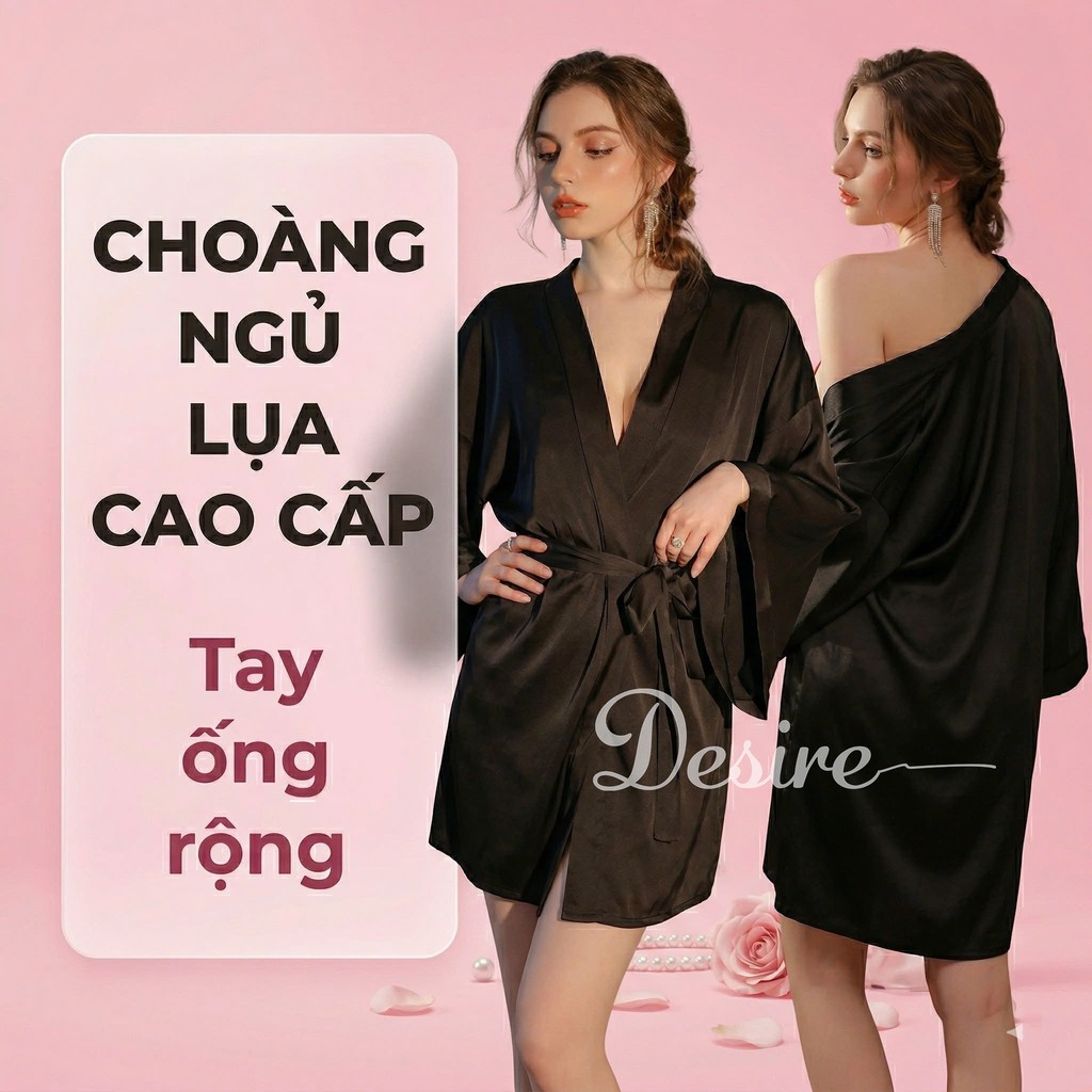 Desire Store, Áo choàng ngủ lụa tay ống rộng cao cấp Áo choàng cô dâu gợi cảm Bride hàng loại 1 VN-84301 - Đen image 11 of 13