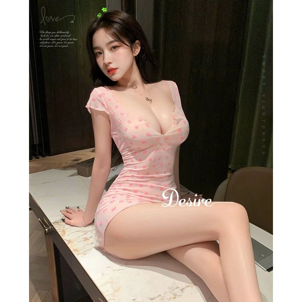 Desire Store, Váy Ngủ Gợi Cảm Ôm Body Họa Tiết Nơ Hồng Xuyên Thấu - Đầm Ngủ Sexy Cổ V Sâu Quyến Rũ T694 image 6 of 7
