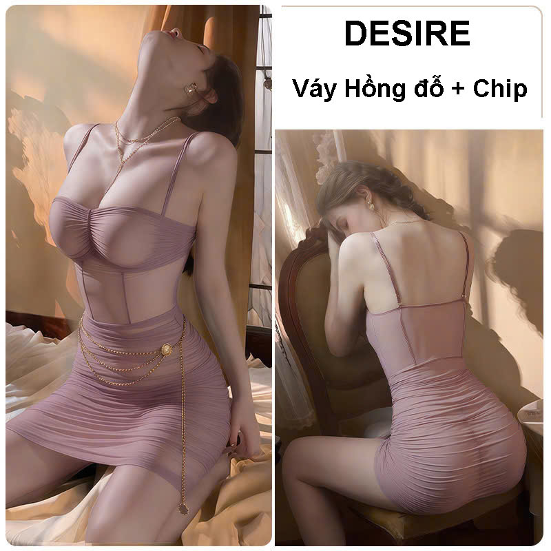 Desire Store, Váy Ngủ Sexy Quyến Rũ Ôm Body Xuyên Thấu Voan Mỏng Hai Dây Cao Cấp DESIRE 376 - Hồng đô + Chip image 9 of 13